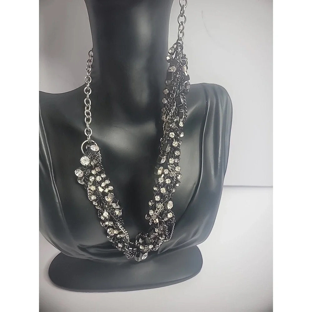 Vintage Silver Black Chain Crystals White Twisted Statement Jewelry Costume